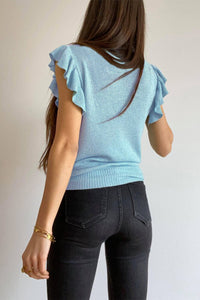 V-Neck Ruffle Sleeve Knit Tops