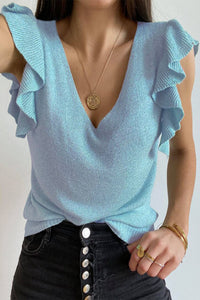 V-Neck Ruffle Sleeve Knit Tops