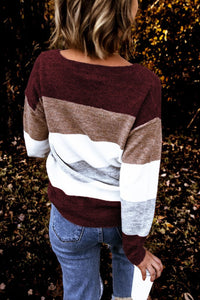 Burgundy Round Neck Color block Knitting Sweater