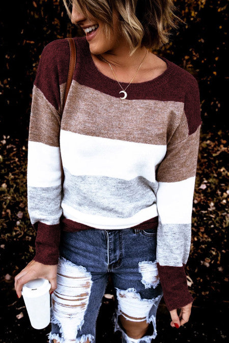 Burgundy Round Neck Color block Knitting Sweater