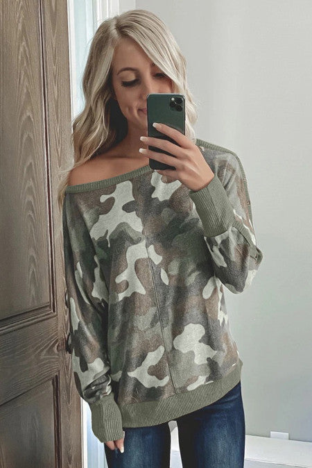 Green Camouflage Print Buttoned Long Sleeve Sweatshirt
