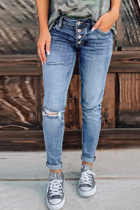 Distressed Button Fly Jeans