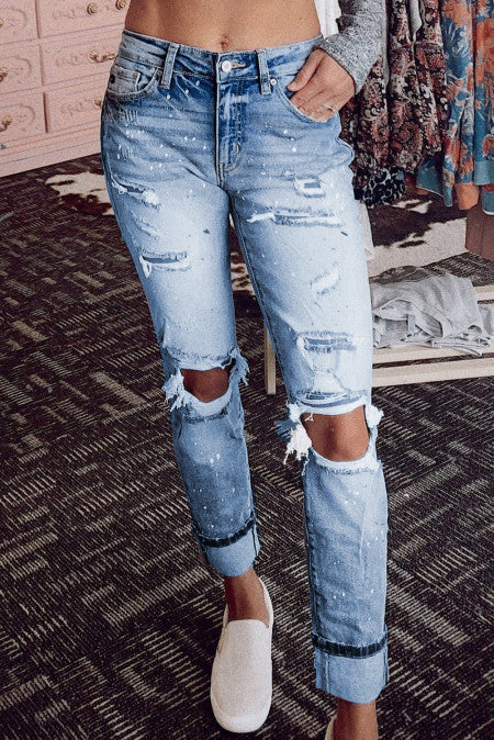 Straight Leg Distressed Jeans with Splatter