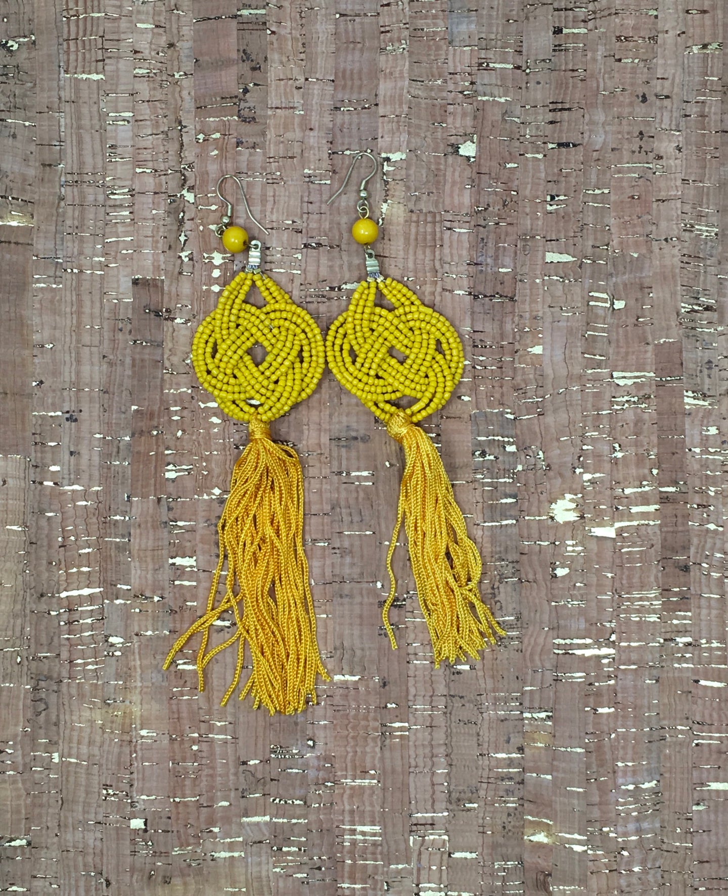 Yellow Beaded Tassel Earrings