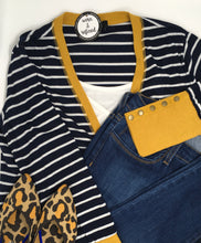 Load image into Gallery viewer, Navy &amp; White Snap Cardigan with Gold Accents