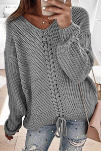 Gray Lace Up Knit Sweater