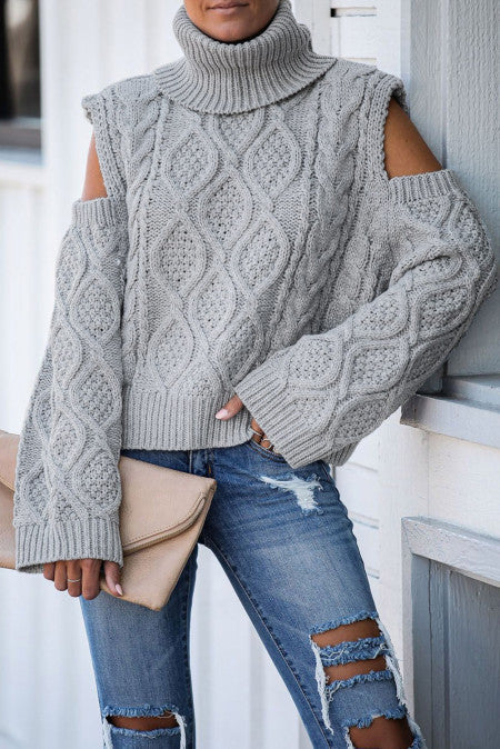 Pre-Order Turtleneck Cold Shoulder Textured Sweater