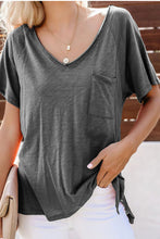 Load image into Gallery viewer, V Neck Short Sleeves Cotton Blend Tee with Front Pocket and Side Slits