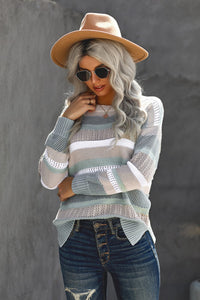Striped Crew Collar Hollow-out Knit Sweater