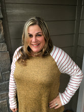 Load image into Gallery viewer, Mustard Top with White Sleeves and a Red Stripe