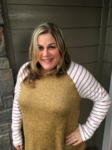 Mustard Top with White Sleeves and a Red Stripe
