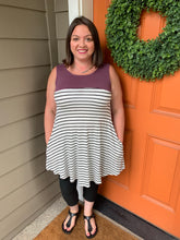 Load image into Gallery viewer, White with Black Stripe Tunic Tank with pockets and Eggplant Color Blocked Top
