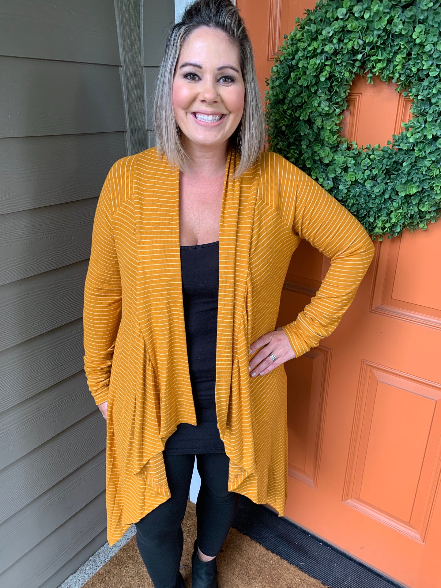 Gold with Cream Stripes Ribbed Cardigan