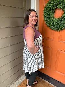 White with Black Stripe Tunic Tank with pockets and Eggplant Color Blocked Top