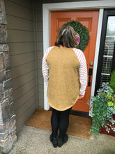Load image into Gallery viewer, Mustard Top with White Sleeves and a Red Stripe