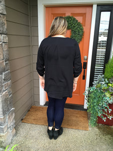 Black Henley Blouse with Split Neck & Rolled Sleeve
