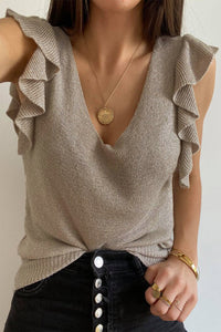 V-Neck Ruffle Sleeve Knit Tops