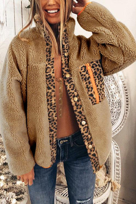 Snap Fleece Coat with Leopard Accents