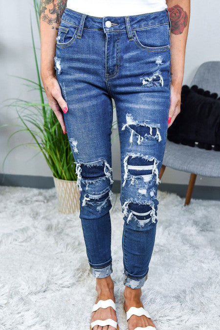 Patched Distressed Skinny Jeans