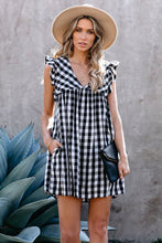 Load image into Gallery viewer, Pre-Order Black Plaid Ruffle V Neck Pocketed Babydoll Mini Dress