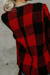 Red Plaid Long Sleeve Asymmetric Collar Open Front Coat