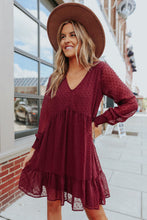 Load image into Gallery viewer, V-Neck Dotted Burgundy Empire Dress