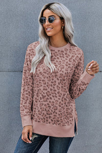 Mauve Side Slit Leopard Sweatshirt