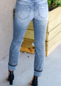Straight Leg Distressed Jeans with Splatter