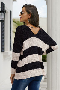 V-Neck Black & White Stripe Pop Corn Sweater