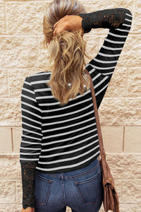Stripe Button Tops with Lace Sleeve