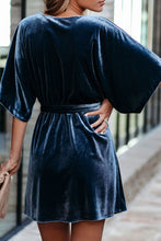 Load image into Gallery viewer, V-neck Half Sleeve Velvet Mini Dress with Belt
