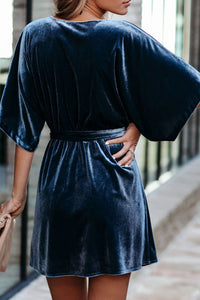 V-neck Half Sleeve Velvet Mini Dress with Belt
