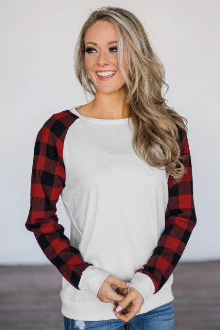 Top with Buffalo Plaid Sleeves