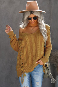 Pre-Order V-Neck Cable Knit Lace Up Sweater